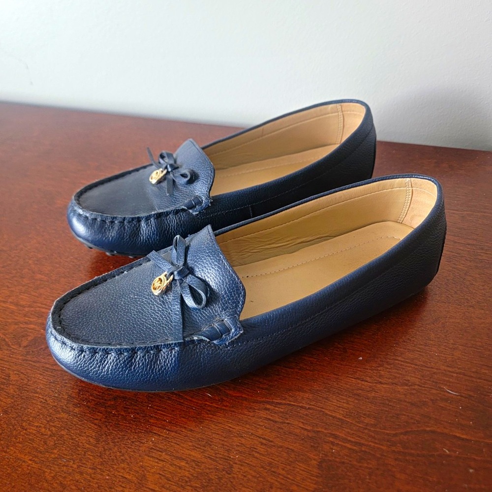 Michael Kors Women's Juliette Navy Blue Pebbled Leather Loafer Driving Bow 9 M